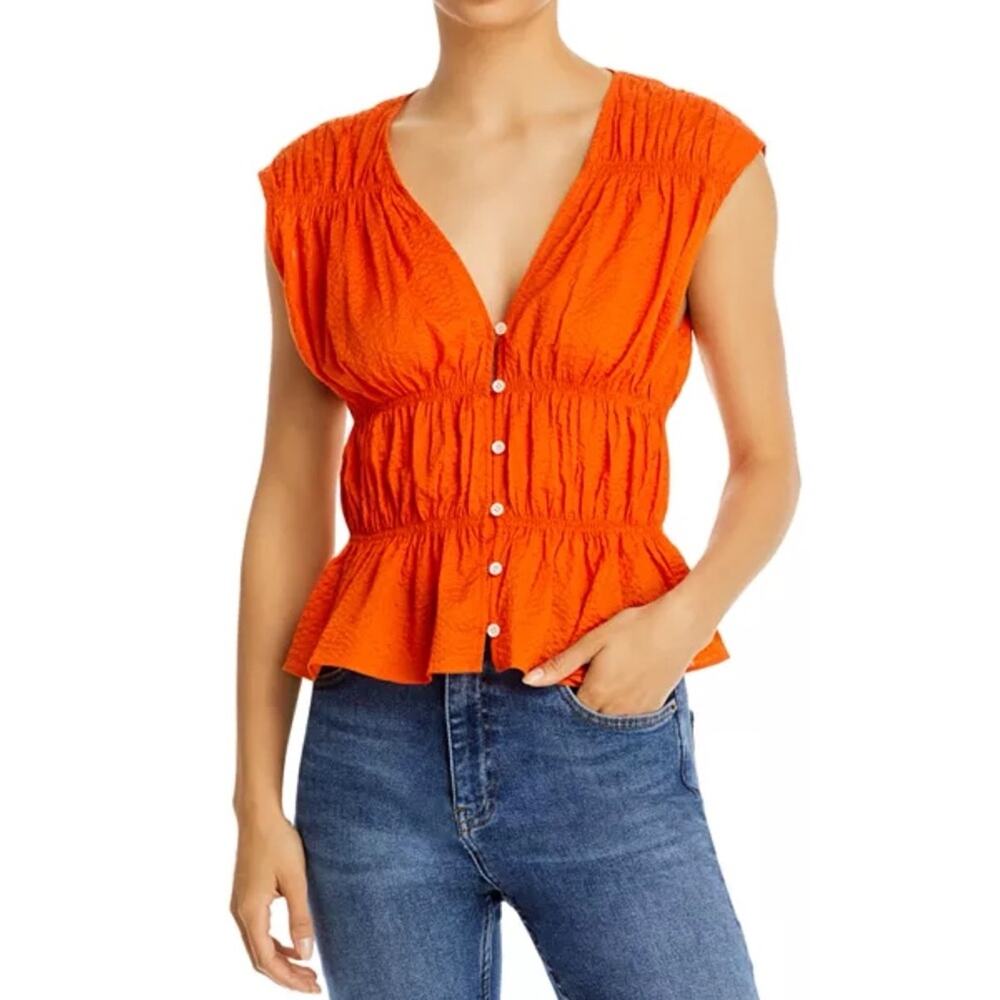NWT Frame Orange Crush Ruched Button Front Sleeveless Blouse